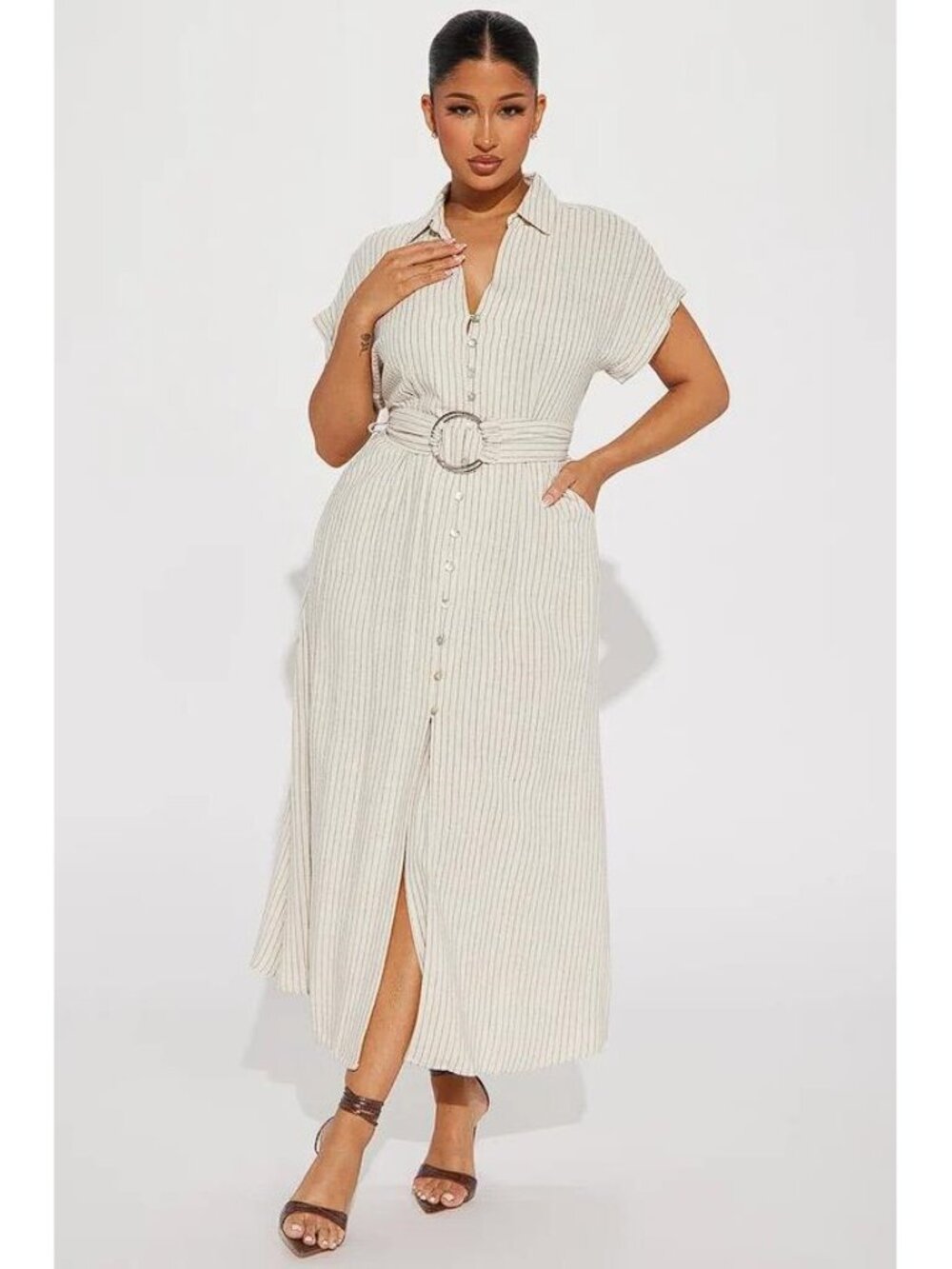FASHION NOVA Women's Eliza Button Up Maxi Dress Size XL in Oatmeal (Dirty)